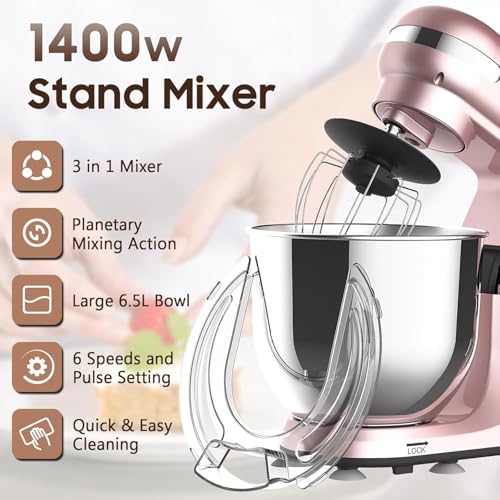 Stand Mixer, 6.5L Food Mixers for Baking, 1400W Electric Kitchen Mixers with Stainless Steel Bowl, Dough Hook, Wire Whip, Beater, Mixers for Baking 6 Speed with Pulse, Splash Cover - Image 2