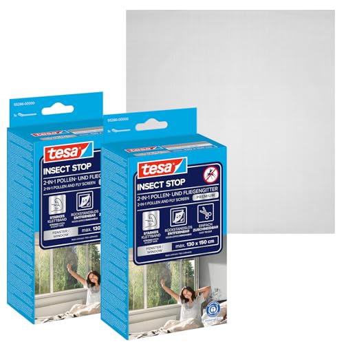 tesa INSECT STOP 2-in-1 Pollen- und Fliegengitter Premium - zuschneidbarer, transparenter Pollenschutz für Allergiker - inkl. selbstklebendem Klettband - Anthrazit - 2x 130 cm x 150 cm