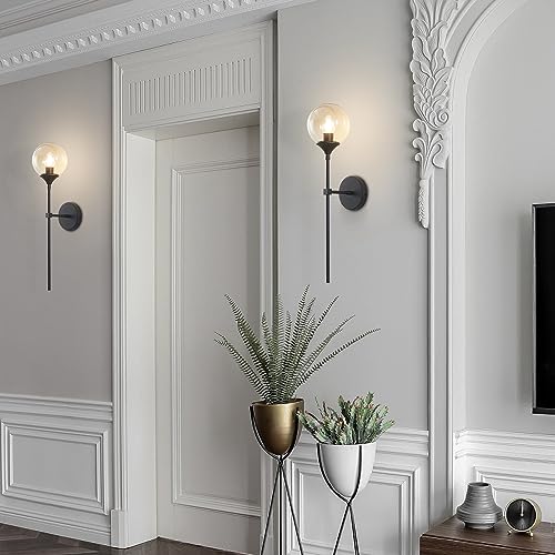 Image of KCO Lighting Mid Century Modern 1-Light Wall Sconce Lighting Set of Two Matte Black Globe Vanity Wall Light Fixture Set of 2 Amber Glass Bathroom Wall Lamp Industrial Long Pole Wall Sconce