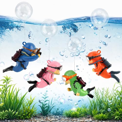PALTUZ 4 Pack Floating Fish Tank Decorations Cute Diver Aquarium Ornaments with Adjustable Floating Device Safe Cartoon Fish Tank Accessories for All Aquariums