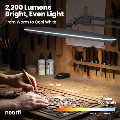 Image of Neatfi XL 2,200 Lumens 20W LED Task Lamp - 23 inch Ultra-Wide Head | 182 SMD LEDs | 4 Brightness Levels | 3 Light Modes | Eye-Caring, Glare-Free | Adjustable Arm (White, CCT with Clamp)