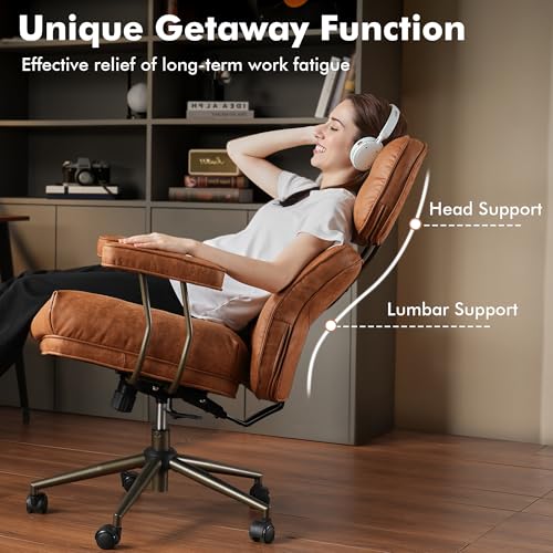 Image of Brown Leather Home Office Chair, Ergonomic High Back Executive Chair with Deep Seat Thick Cushion, Mid Century Modern Big and Tall Computer Desk Chair with Lumbar Support (Light Brown Suede)
