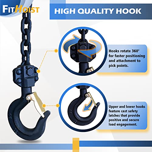 Fithoist Hand Chain Hoist 1Ton | Chain Fall 2200Lbs Capacity | Manual Chain Hoist 10Ft | Chain Block Hoist With 2 Heavy Duty Hooks | Heavy Duty Pulley Hoist For Garages Warehouse Automotive Machinery #TOP3
