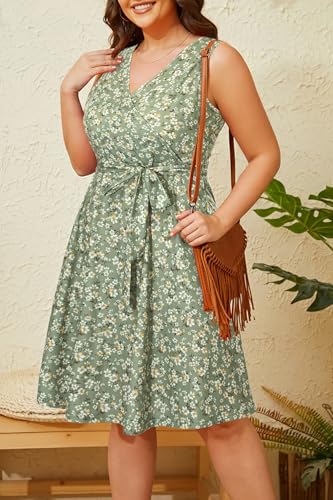 Image of Holipick Women's Plus Size Sleeveless V Neck Wrap Sundress Summer Casual Dress with Pockets