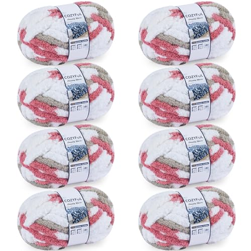 Image of Cozyful Chunky Yarn for Hand Knitting - #10 Chunky Chenille Blanket Yarn, Jumbo Big Thick Chunky Yarns for Crocheting, Tie Dye Bulky Knit Yarns, 8 Skein (20 yds 8 oz Each Skein), Khaki & Rose & White