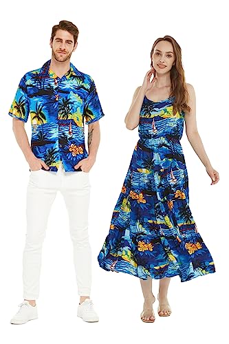 Matchable Couple Hawaiian Luau Shirt or Maxi Tiered Dress in Sunset Blue