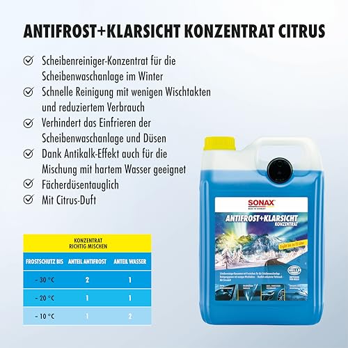 SONAX AntiFrost+KlarSicht Konzentrat (5 Liter) Scheibenreiniger-Konzentrat mit Frostschutz für die Scheibenwaschanlage | Art-Nr. 03325050