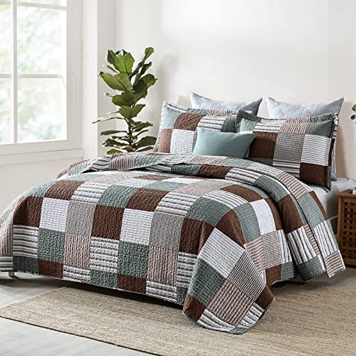 Image of Finlonte Quilts Queen Size - 100% Cotton Queen Comforter Set Brown Green White Plaid Farmhouse Quilt Bedding Set, Reversible Lightweight Soft Bedspread, Quilted Coverlet All-Season, 3-Piece