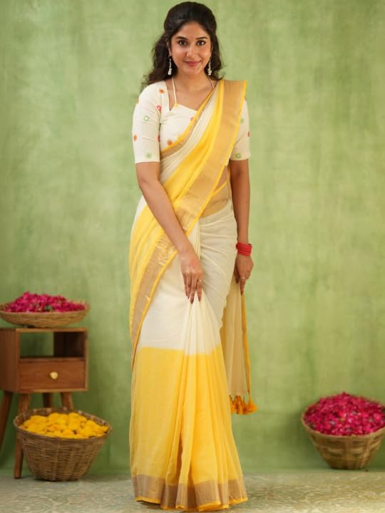 Image of Women's Cotton Silk Handloom Plain Solid Golden Zari Border Saree with Unstitched Blouse Piece | 5.5 Meter Saree + 0.8 Meter Blouse Piece | Traditional Ethnic Wear