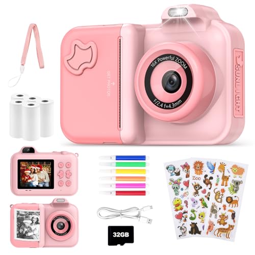 JoJoego Camara Fotos instantaneas Niños, 2,4'' Cámara Fotos Infantil, 24MP Selfie Niños, 1080P HD Cámara Dual, Tarjeta 32GB, 5 Rollos Papel de Impresión, Regalo para Niños de 3-12 Años, Rosa