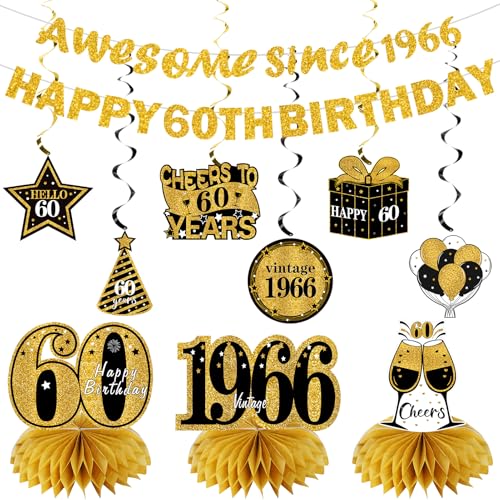Image of Kuxriox 11Pcs 60th Birthday Decorations Kit for Men Women, Black Gold Happy 60th Birthday Banner, Awesome Since 1966 Centerpieces Swirls Party Supplies, Sixty Bday Banner Ceiling Table Topper Sign