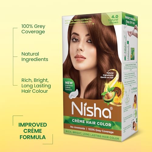 Image of Nisha Creme Hair Color Cream Natural Brown, 120g, Long Lasting Hair Dye for Grey Coverage, Rich Color & Shine, For Men & Women, Pack of 1