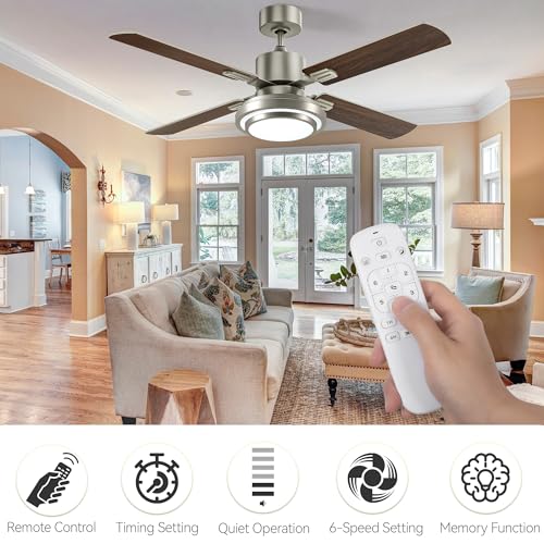 DWVO Ceiling Fan with Light Remote Control 52in, 4 Blade Ceiling Fan Light Fixtures Modern Reversible Brushed Nickel 6 Speeds, 3 Color Temperatures, Quiet DC Motor for Bedroom Living Room