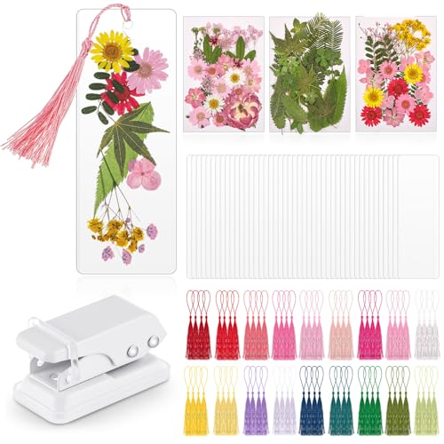 Fuyoooo 376 Pcs Dried Flower Bookmark Making Kit DIY Bookmark Laminating Pouches with Tassels and Puncher Handmade Craft Kit for Women DIY Gifts for Book Lovers (Pink 2 x 6 Inch)