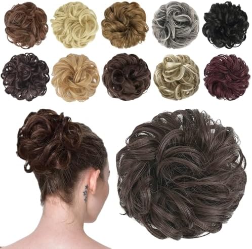 FESHFEN Messy Bun Hair Piece - Wavy Synthetic Chignon Scrunchies for Instant Volume, Elastic Ponytail Bun Hair Extensions Thick Hairpieces for Women, Dark Brown 1.50 oz