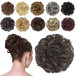 FESHFEN Haarteil Mit Gummiband, Dutt Haarteil Haargummi Mit Haaren Gelockt Haardutt Synthetisch Haar Haarverlängerung Pferdeschwanz Haarteile für Damen Mädchen, Dunkelbraun 42g