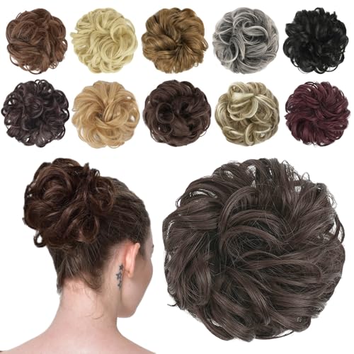 FESHFEN Messy Bun Hair Piece - Elastic Wavy Curly Hair Bun Scrunchies Extensions Synthetic Chignon Hairpieces for Women Girls, Dark Brown 1 PCS