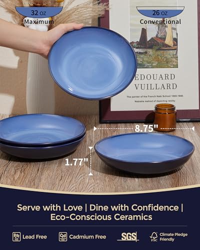 Image of Pokini 8.75'' Ceramic Pasta Bowls Set of 4, Salad Bowls Pasta Serving Bowls | 32Oz Versatile Serving Bowls for Pasta, Salad, Fruit & Noodles, Soup Bowls Sets, Stoneware Pasta Plates, Light Blue