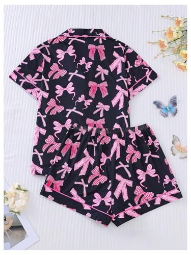 Image of SHENHE Women's 2 Piece Pajama Set Bow Graphic Button Down Short Sleeve Lapel Shirt Pj Short Set