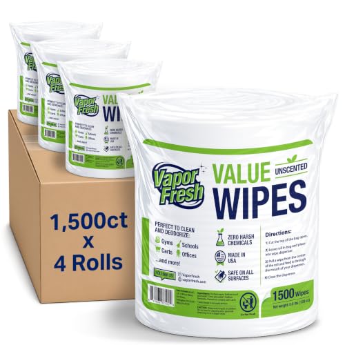 Vapor Fresh Value Wipes - 1 500 Count x 4 Rolls (6 000 Total Wipes) Plant Powered Commercial Grade Cleaner For Gym Equipment Fitness Studios Spas Schools - Bulk Refill Rolls - Unscented