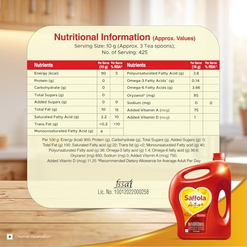 Image of Saffola Active Refined Cooking oil | Rich in Omega 3 & Oryzanol | Multi-Source Edible Rice Bran & Soyabean oil | 4.6L / 4.25kg jar (Weight May Vary) (Pack of 3)