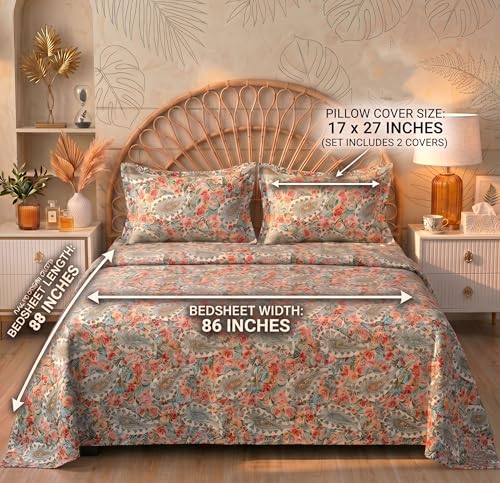 Image of HOMEKART Floral Printed King Size Cotton Bedsheet with 2 Pillow Covers | Luxury Double Bed Bedding Set 86x88 Inches | Ultra Soft, Breathable & Wrinkle Resistant & Home Decor (Boho Blossom Cream)