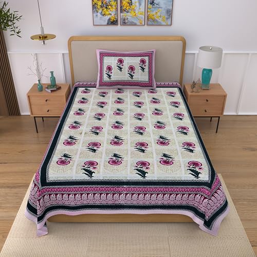 Image of 100% Cotton Single Bedsheet with 1 Pillow Cover | 240 TC Pure Cotton Flat Bed Sheet | Traditional Jaipuri Printed Bedding Set | Soft & Breathable | 60 x 90 Inch (Rangmahal Single 02)
