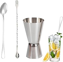 Jigger Dual Alcoholic Beverage Measuring Cup,1 Cocktail Measuring Cup with 2 Cocktail Spoon,30ml/60ml, Double-Sided Measuring Cup, Suitable for Cocktails, Bar Parties