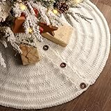 LimBridge Knitted Christmas Tree Skirt: Handmade 36 Inch Cream 12-Circle Chunky Crochet Tree Skirt with Round Wood Buttons, Annual Rings Christmas Tree Decorations for Merry Christmas Home Décor Party