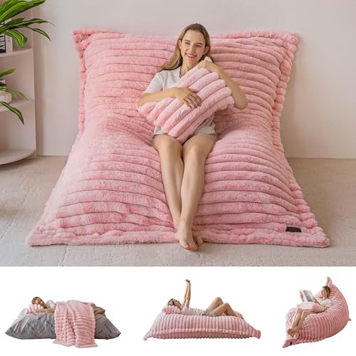 Image of MAXYOYO Giant Bean Bag Chair with Pillow, 3 in 1 Convertible Bean Bag Chair for Adults with Removable Cover, Floor Cushion Stuffed Floor Lounger for Living Room Bedroom, Pink