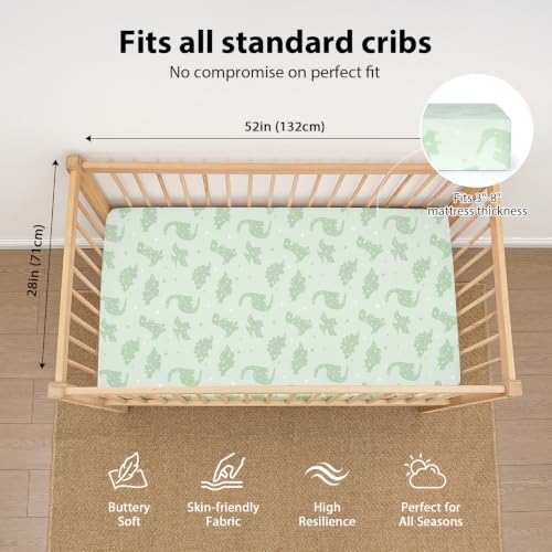 Image of Baby Crib Sheets for Boys and Girls, 3 Pack Toddler Bed Sheets for 52 inchx28 inch Standard Toddler Mattresses, Soft Microfiber Fitted Crib Sheets Neutral Green Dinosaur Planet