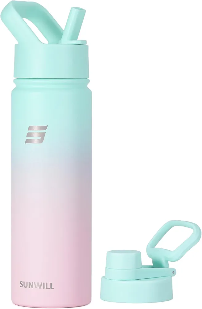 SUNWILL Stainless Steel Water Bottle with Straw, 650ml Insulated Water Bottle Metal, Leakproof Water Flask for Gym & Travel, Gradiant Mint Sakura