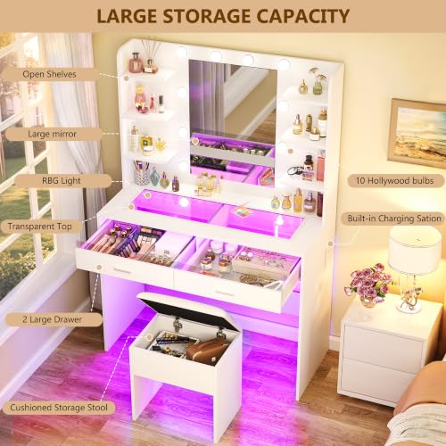 Image of HUAHUU Makeup Vanity Desk with Mirror and Lights, White Vanity with Storage Chair, Transparent Top Vanity with RGB Drawers, 6 Shelves, Charging Station, for Bedroom