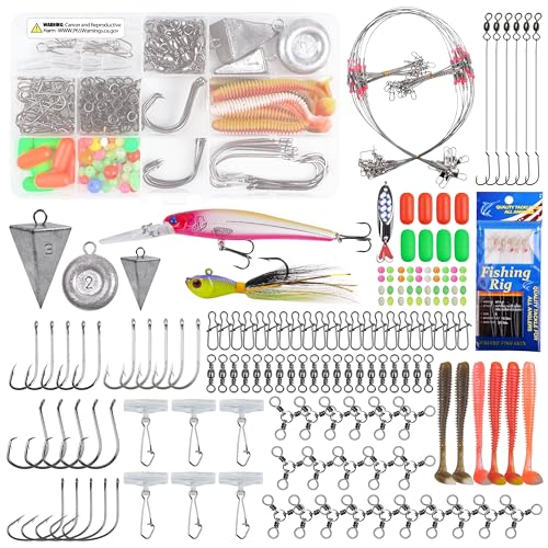 OROOTL Saltwater Fishing Gear Kit, 175pcs Surf Fishing Tackle Box Includes Saltwater Fishing Rigs Lures Swivels Hooks Pyramid Weights Sinker Slider Deep Sea Fishing Gear Accessories