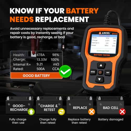 Image of ANCEL BT410 12V 24V Car Battery Tester for Lead-Acid & Lithium Batteries, 100-2000 CCA Automotive Battery Load Tester Health Cranking Charging System Alternator Test for Motorcycle Car Truck RV Boat