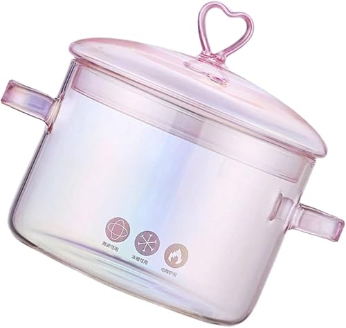 Miniatura 9 de Yardwe Tazón de sopa de vidrio con tapa y asa 1 olla de cocina rosa de doble mango
