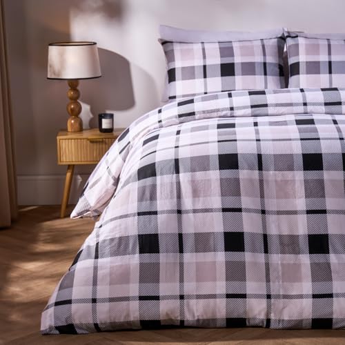 Image of OHS King Size Duvet Cover Set 100% Brushed Cotton, Ultra Soft Cosy Warm Classic Farmers Check Tartan Bedding Brushed Cotton Duvet Set with Matching Pillowcases, Monochrome