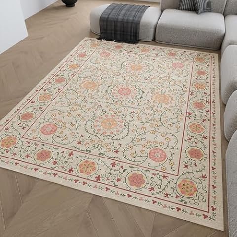 FINEHOUS Vintage Floral Area Rug 8x10 Beige and Pink Machine Washable Rug, Ornamental Faux Wool Carpet Cover