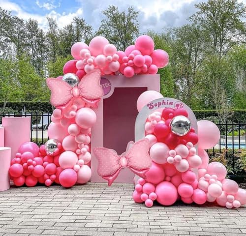 Image of Pink Balloon Arch Kit Double Stuffed Peach Pink Bow Balloon Garland Foil Silver Balloons For Happy Birthday Baby Shower Bridal Shower Wedding Girls Women Theme Tea Party Decor