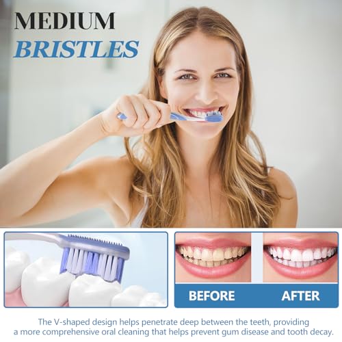 Image of DR.BRIGHT Adult Toothbrushes Medium 6 Pack | Medium Toothbrush for Adults with Tongue Scraper & Ergonomic Handle | Individual Packaging Travel Toothbrush BPA-Free, Assorted Colors
