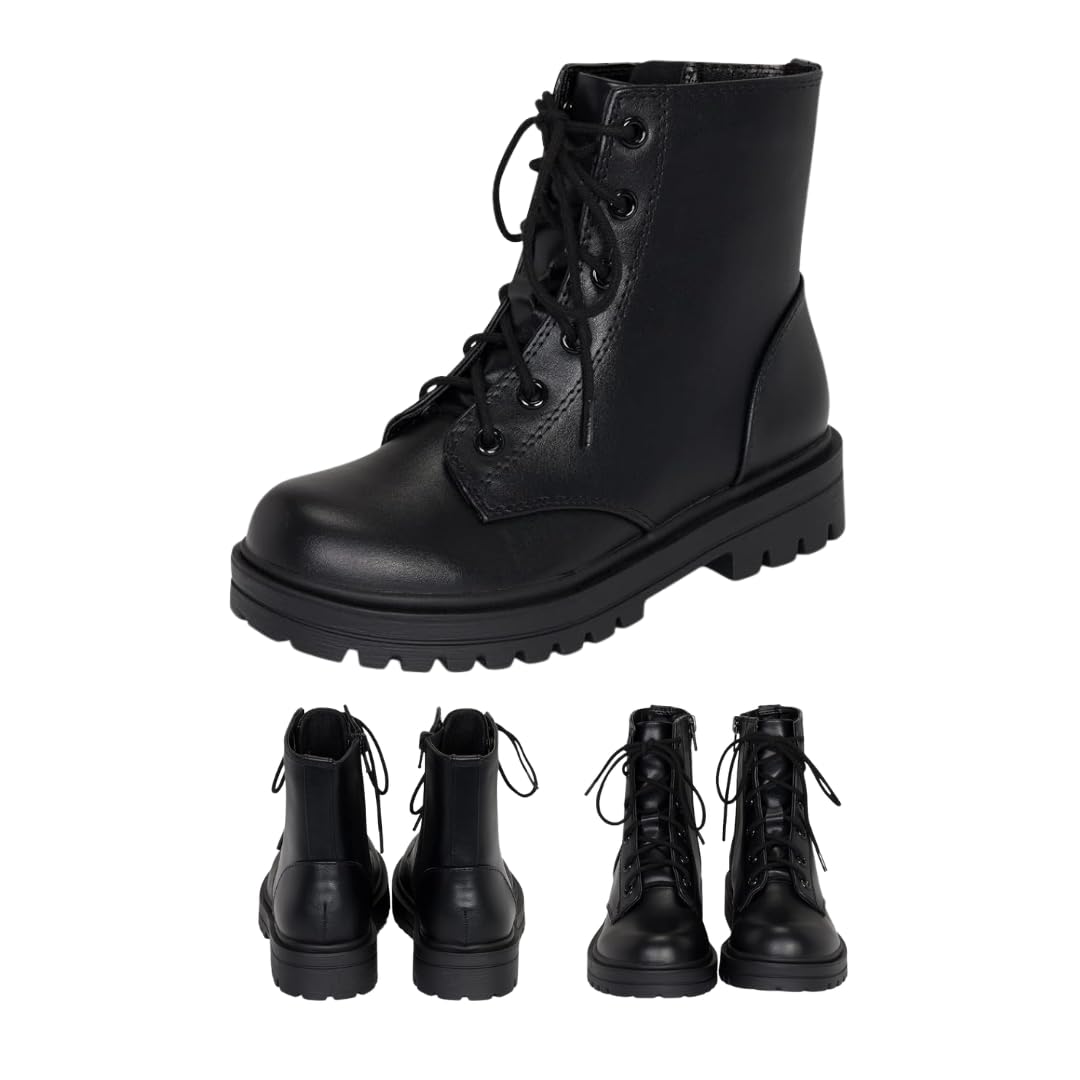 Brace-IIS - Unisex/Girls/Boys/Kids/Children Lace Up Side Zipper Vegan Leather Lug Sole Combat Boots