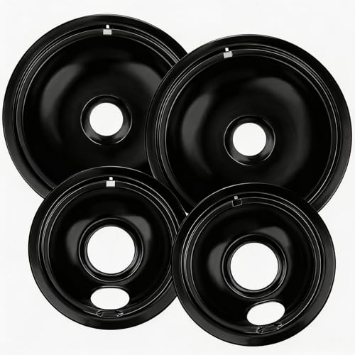 4-Pack Chrome Electric Stove Drip Pans Replacement, Includes Black 2×6” & 2×8” Burner Drip Pans, Compatible with Most Plug-in Electric Ranges