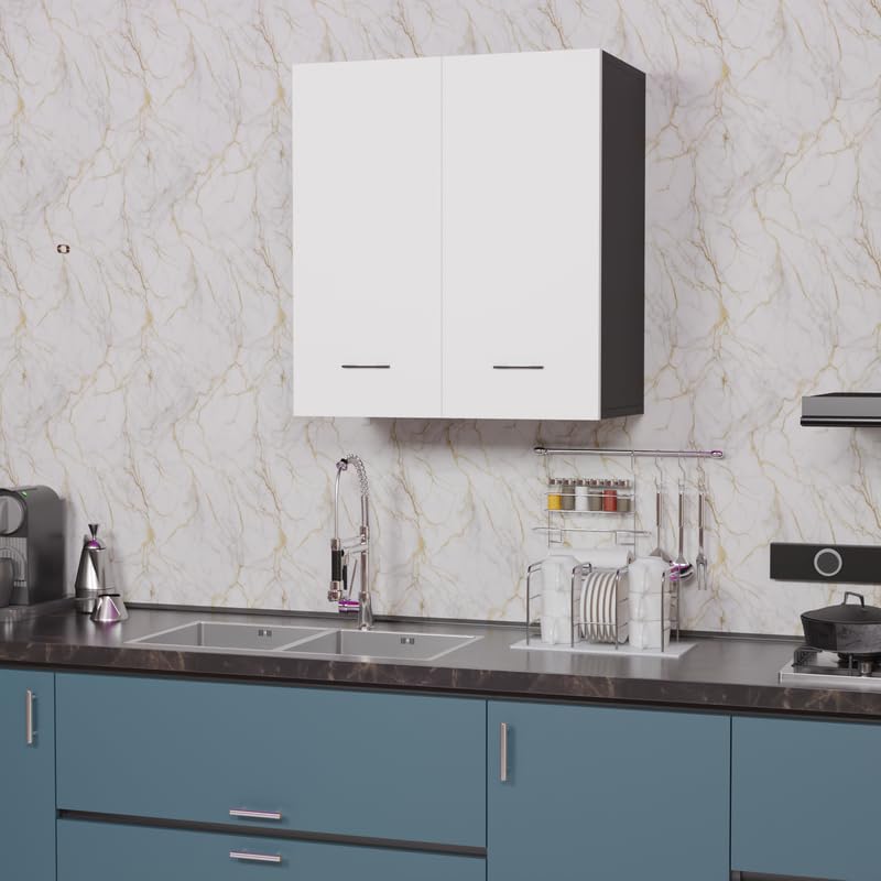 Image of 2 Door Wall Mounted Cabinet with Adjustable & Fixed Shelf | Engineered Wood Storage for Kitchen, Bathroom, Office & Living Room | DIY Assembly | Color: Grey & White | Size: 60 x 33 x 63.8 cm