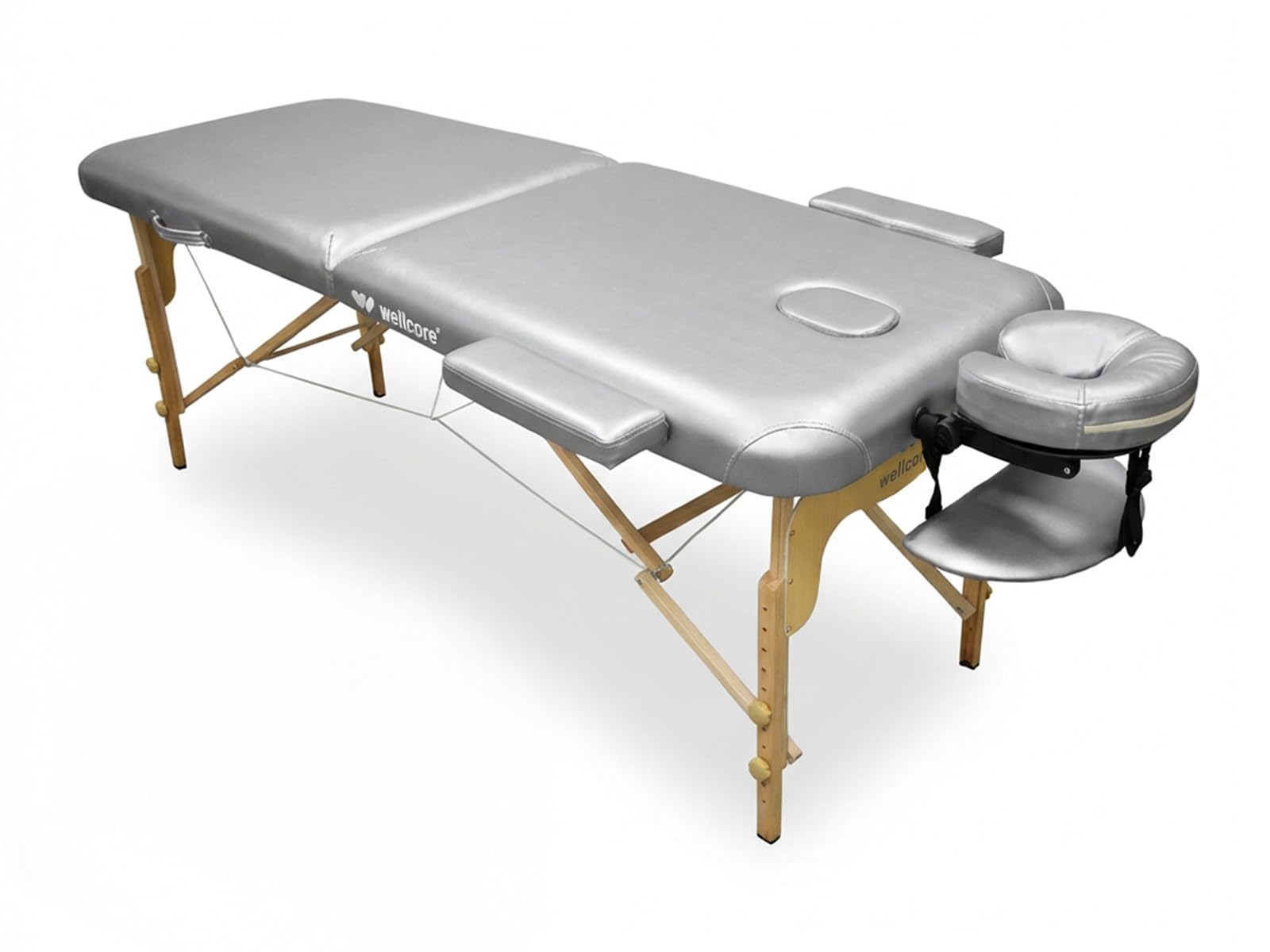 WELLCORE Table de Massage Pliable en Bois en Similicuir 185 x 65 cm, Hauteur réglable, tête Amovible, Deux Bras d'agrandissement, Trou Facial, Couleur Argent, jusqu'à 225 kg
