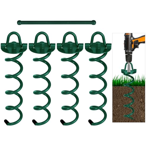 FEED GARDEN 12.2 Inch Spiral Ground Anchors Heavy Duty Screw in Spiral Stakes 4 Pack Folding Ring Ground Stakes for Securing Dogs,Tents, Trampolines, Canopies, Swing Sets,Green