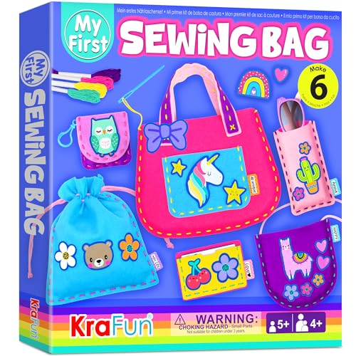 KRAFUN My First Kit de bolsa de costura, artes e artesanato para crianças iniciantes, 6 projetos de bolsa de mão de costura fácil DIY com tema animal, instruções para aprender a costurar e bordado de