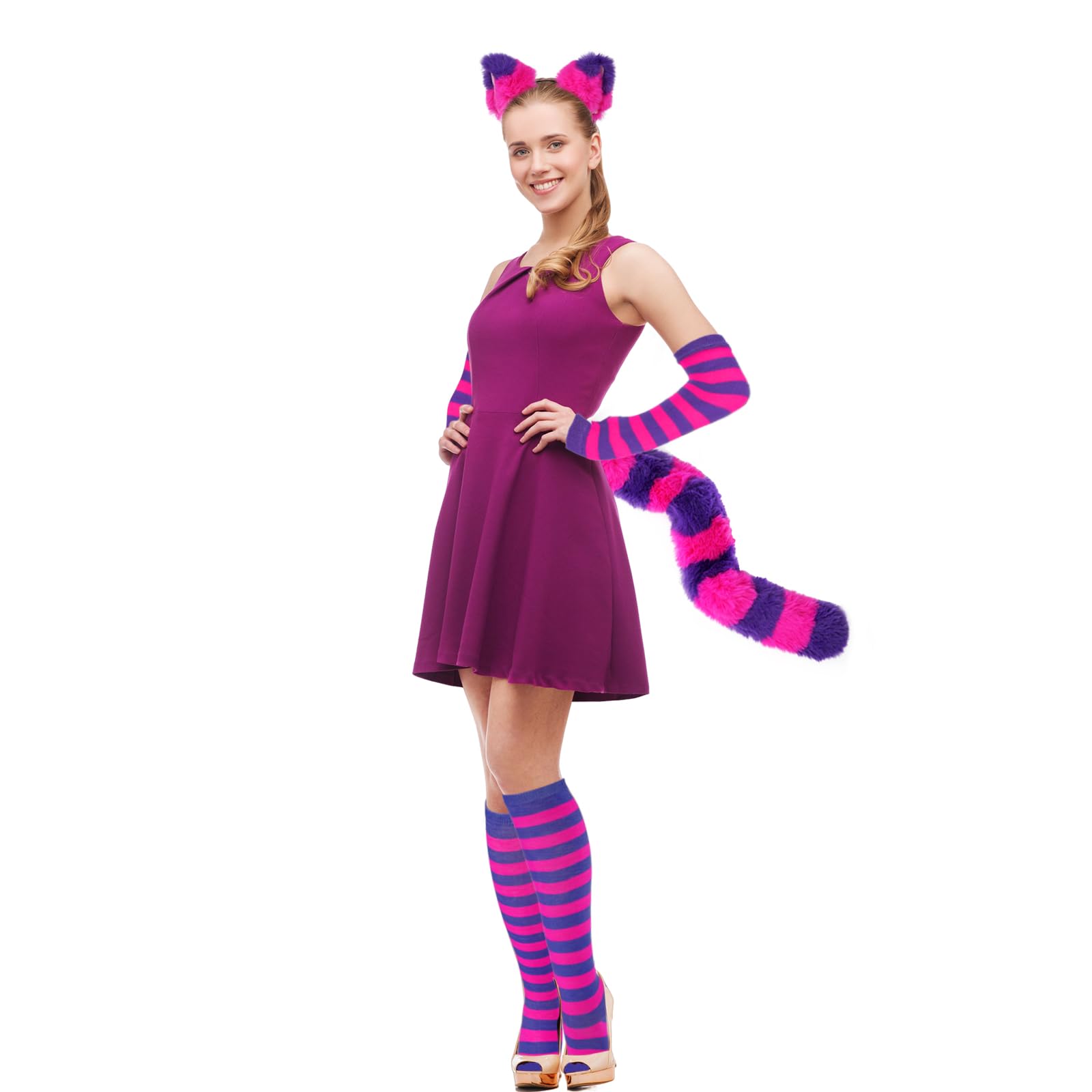 Kavoc Gestreiftes Katzenkostüm für Mädchen Damen, Katzenohren, pelziger Schwanz, gestreifte Socken für Halloween Cosplay Dress Up