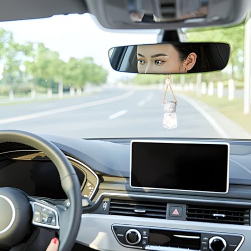 Image of Bling Car Hanging Bottle, 2PCS Crystal Rhinestone Empty Clear Vehicle Essential Diffuser Glass Pendant with Wooden String, Diamond Auto Interior Oil Vase Decor, Universal Fit (White)