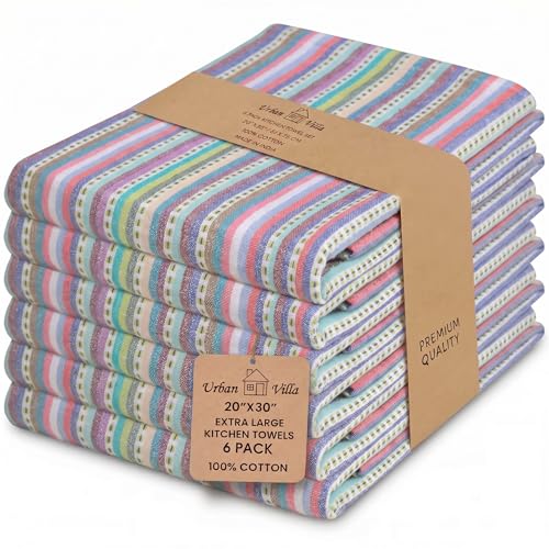 Urban Villa Kitchen Towels 100% Cotton Dish Towels for Kitchen(Set of 6)20”x30” Dish Cloths Highly Absorbent Kitchen Linen Set with Hanging Loop Perfect for Drying Dishes Cleaning Towels-Blue Stripes