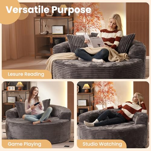 Image of HOOOWOOO Cloud Round Couch for Living Room,Oversized Single Sofa No Assembly,Matching Plush Corduroy Chaise Lounge Accent Chair for 1 to 2 Persons(Gray)